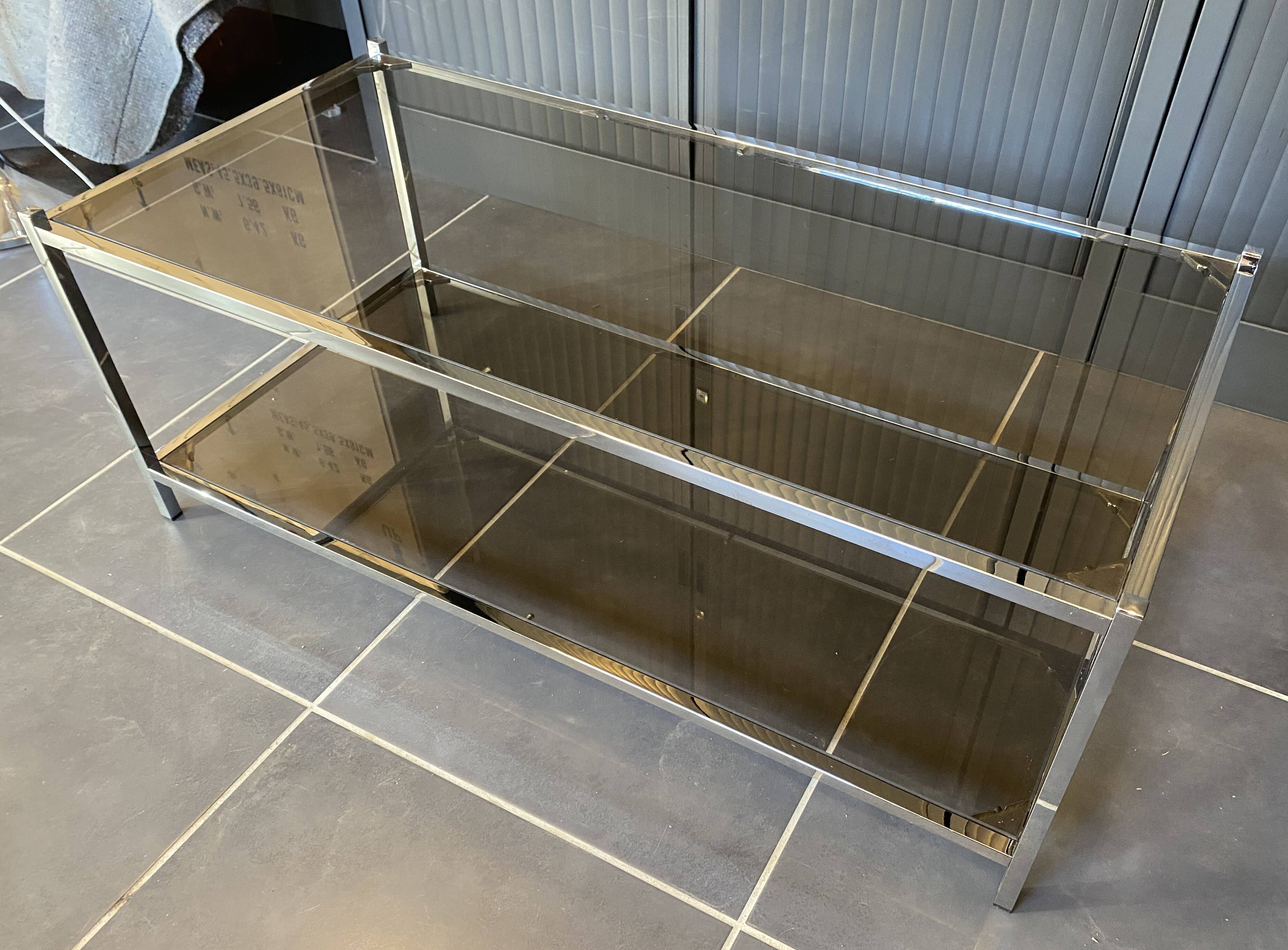 Table basse double plateau verre chrome style Bauhaus vintage 1970