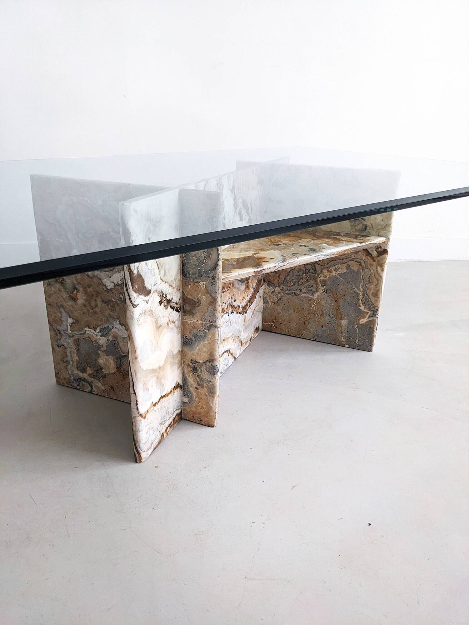 Italian marble coffee table with glass top 1970's