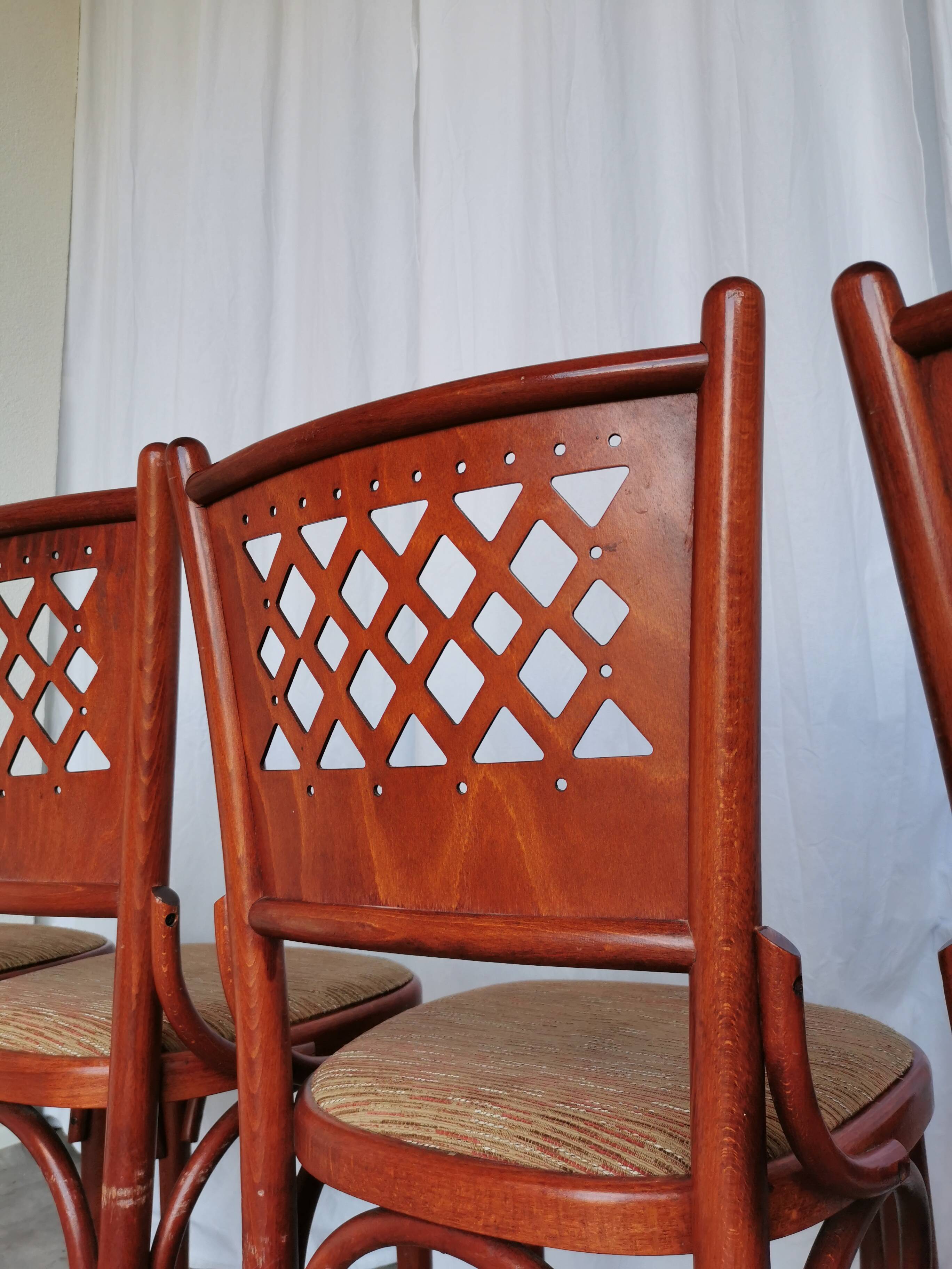 Vintage Italian Bistro Chairs - 1980s Reddish Wood, Brown Fabric - Set of 4