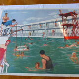 Cadre en bois avec une affiche la piscine vintage Rossignol 1960/70