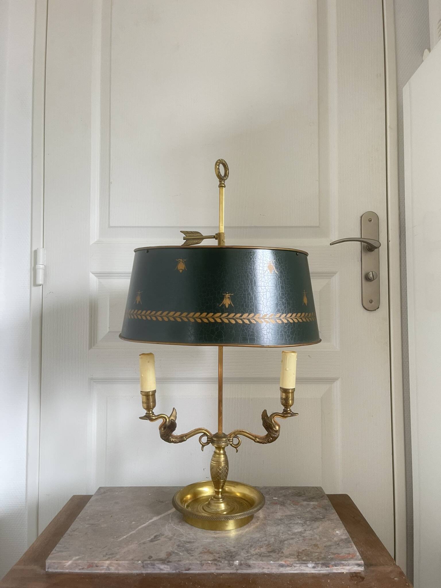 Antique Bouillotte Lamp 2 Lights Swan Lucien Gau Gilded Bronze Empire Napoleon