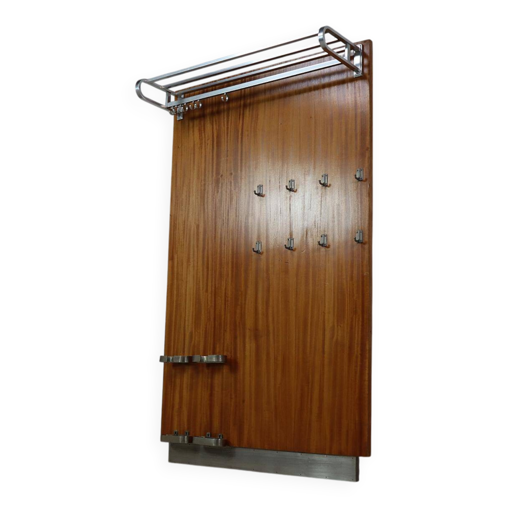 Modernist wall-mounted cloakroom in teak