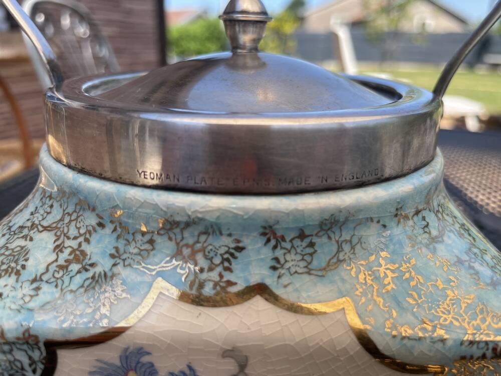ENGLISH PORCELAIN BISCUIT BARREL ALICE BLUE AT TEA TIME DELICACIES
