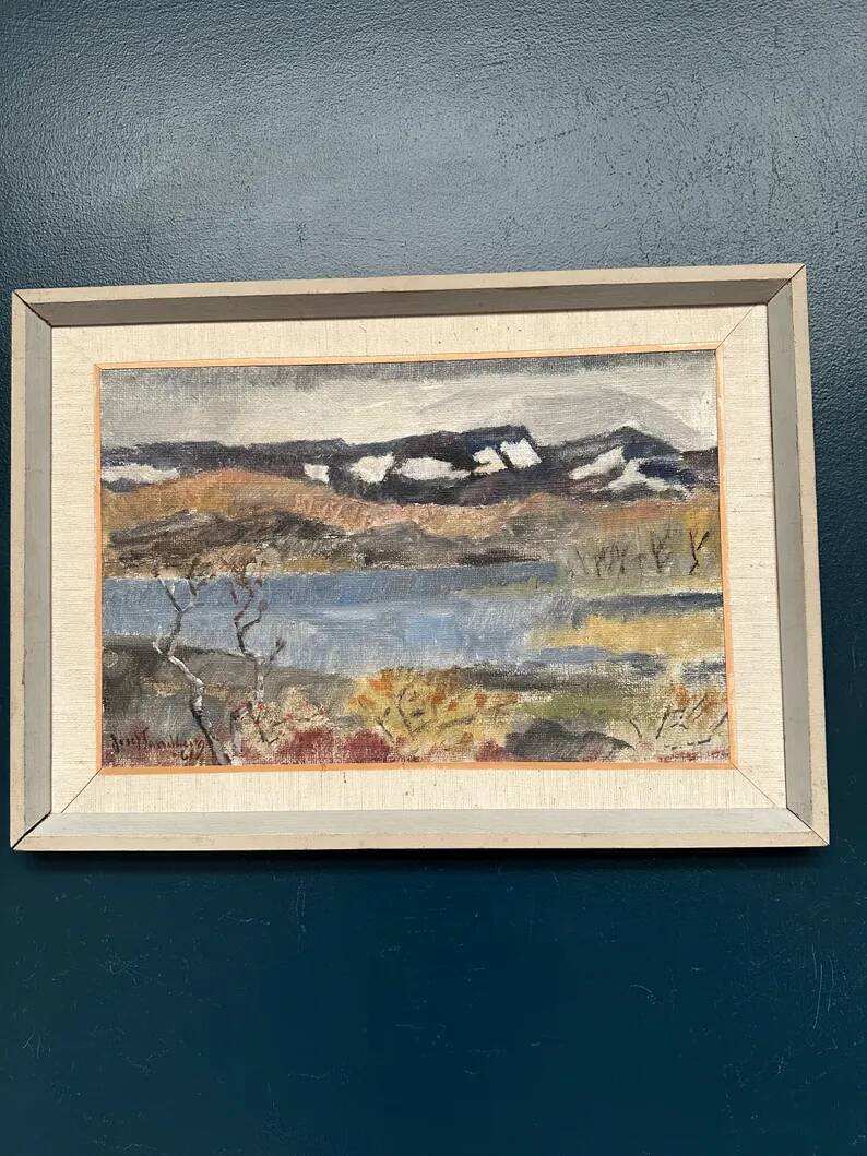 Original Swedish Oil on Panel - 'Landscape with Water' by Josef Sandberg - Signed - Vintage and Framed - 54.5 × 38.5 cm