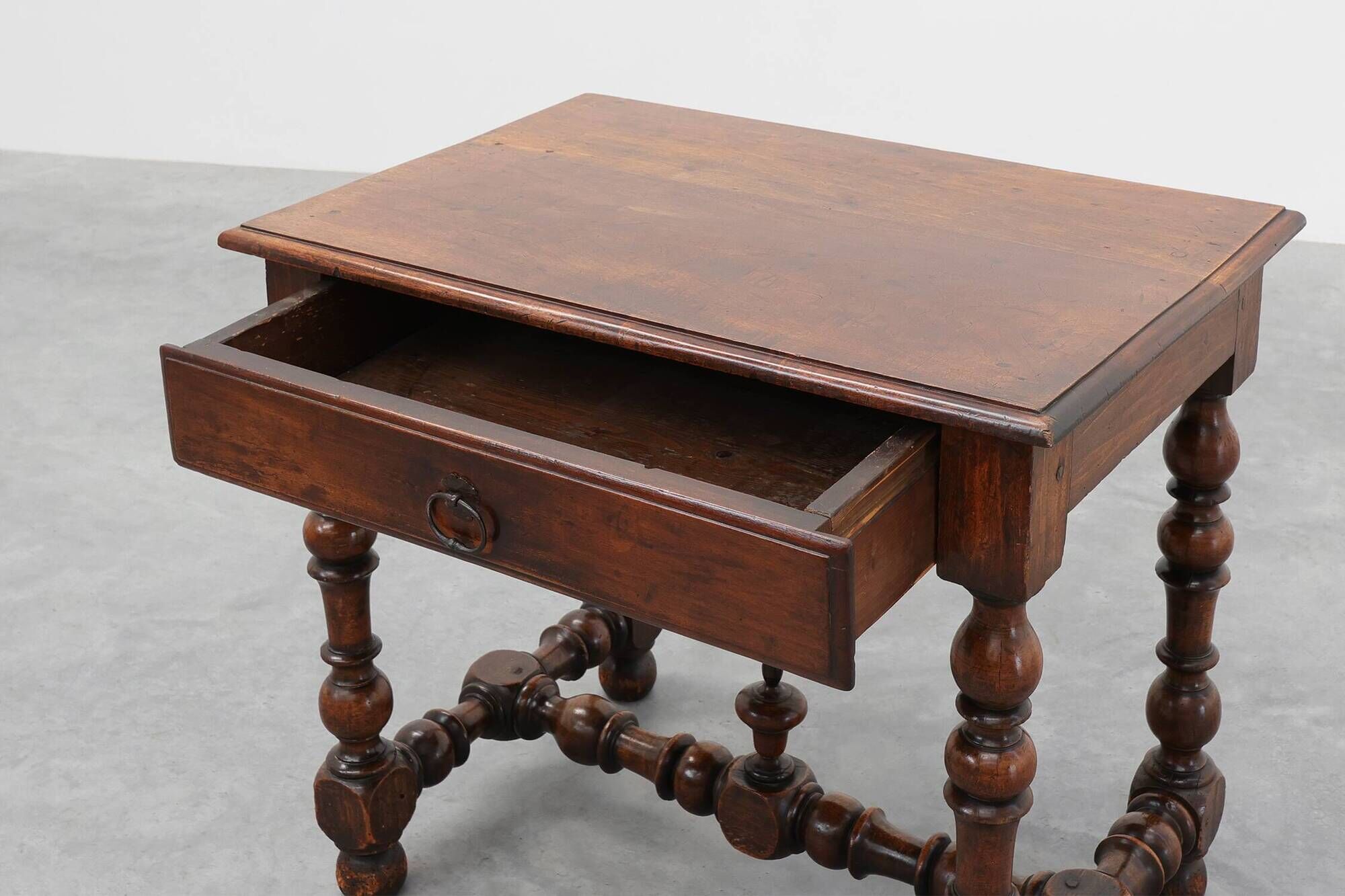 French Louis XIII Walnut Side Table with Drawer and Turned Legs, circa 1850