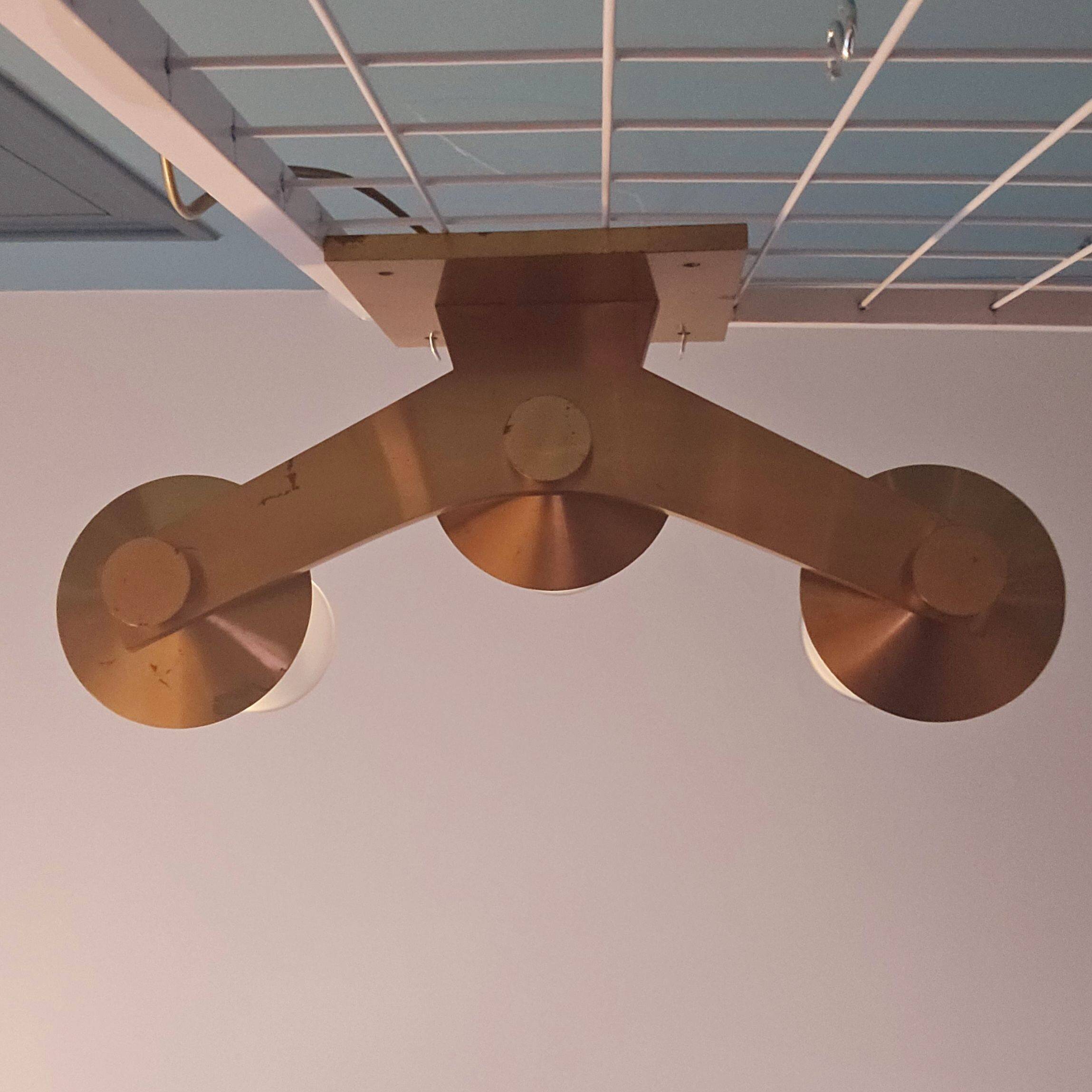 Maison cheret, pair of 3-light wall lights in ronze, brass and glass, circa 1950/1960