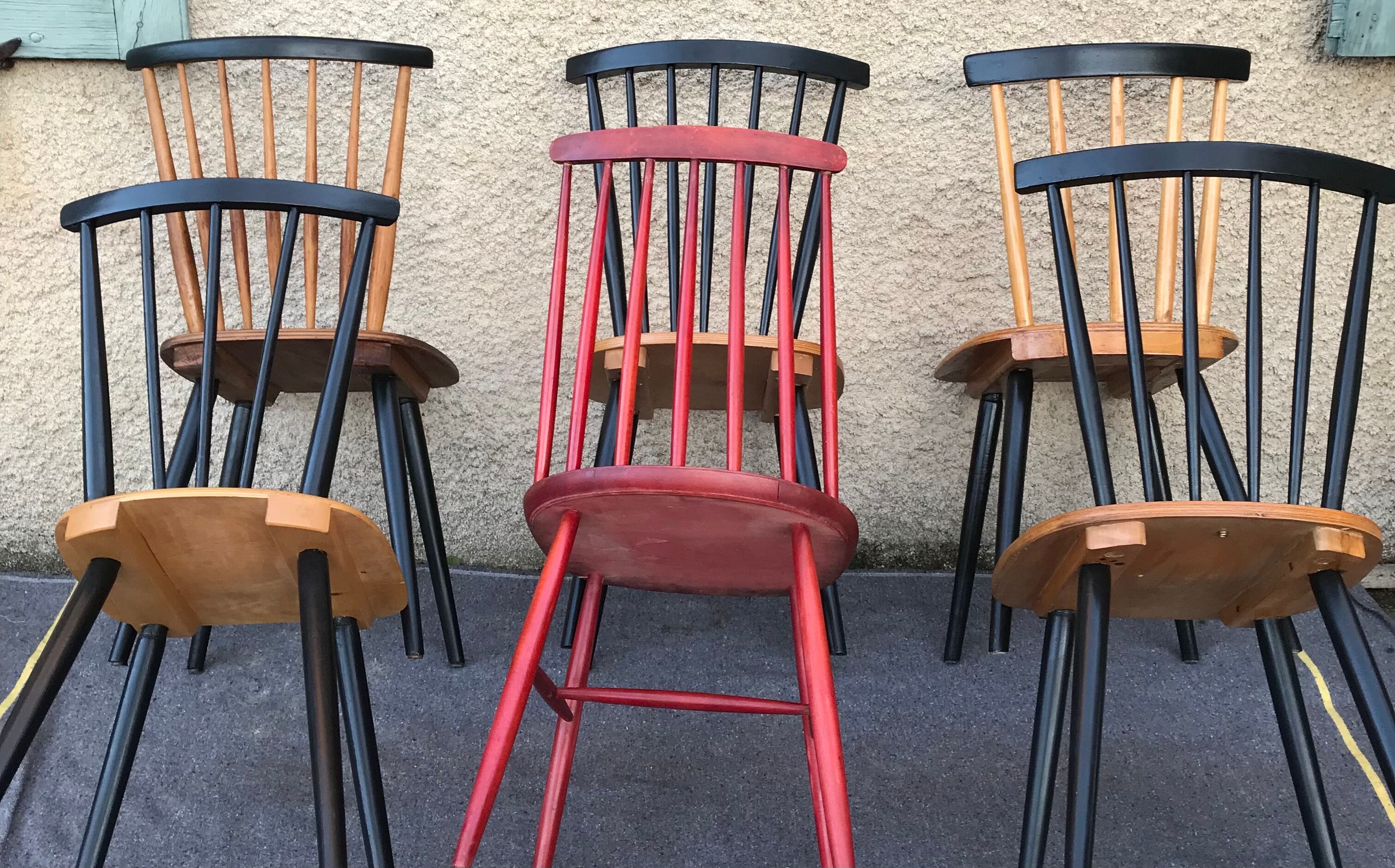 Set of 6 mismatched vintage chairs with bars and compass legs