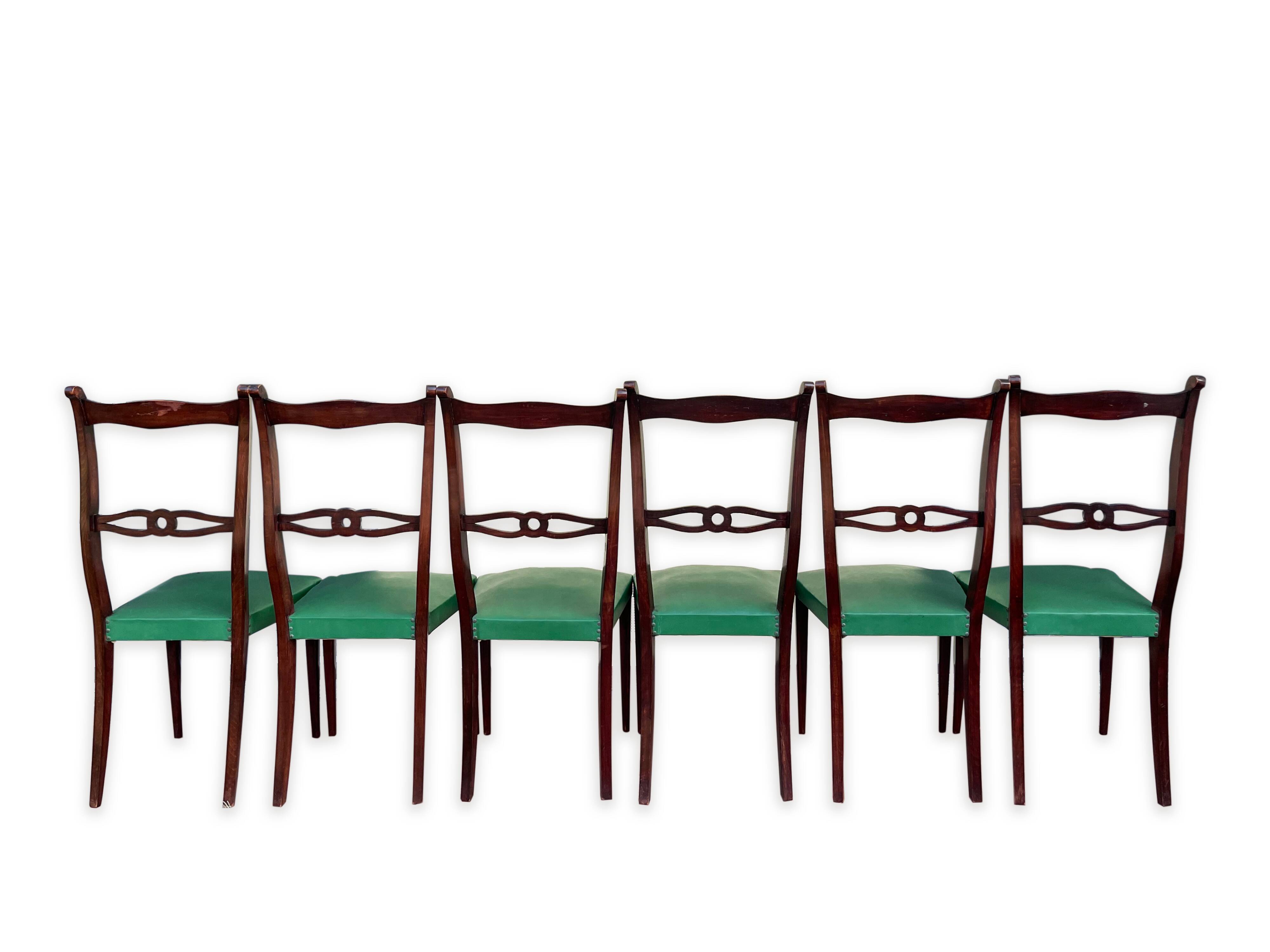 Ensemble italien de six chaises vintage noires et vertes 1960