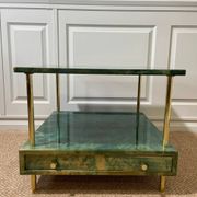 Aldo Tura side table in aqua green with brass legs and lower drawer.