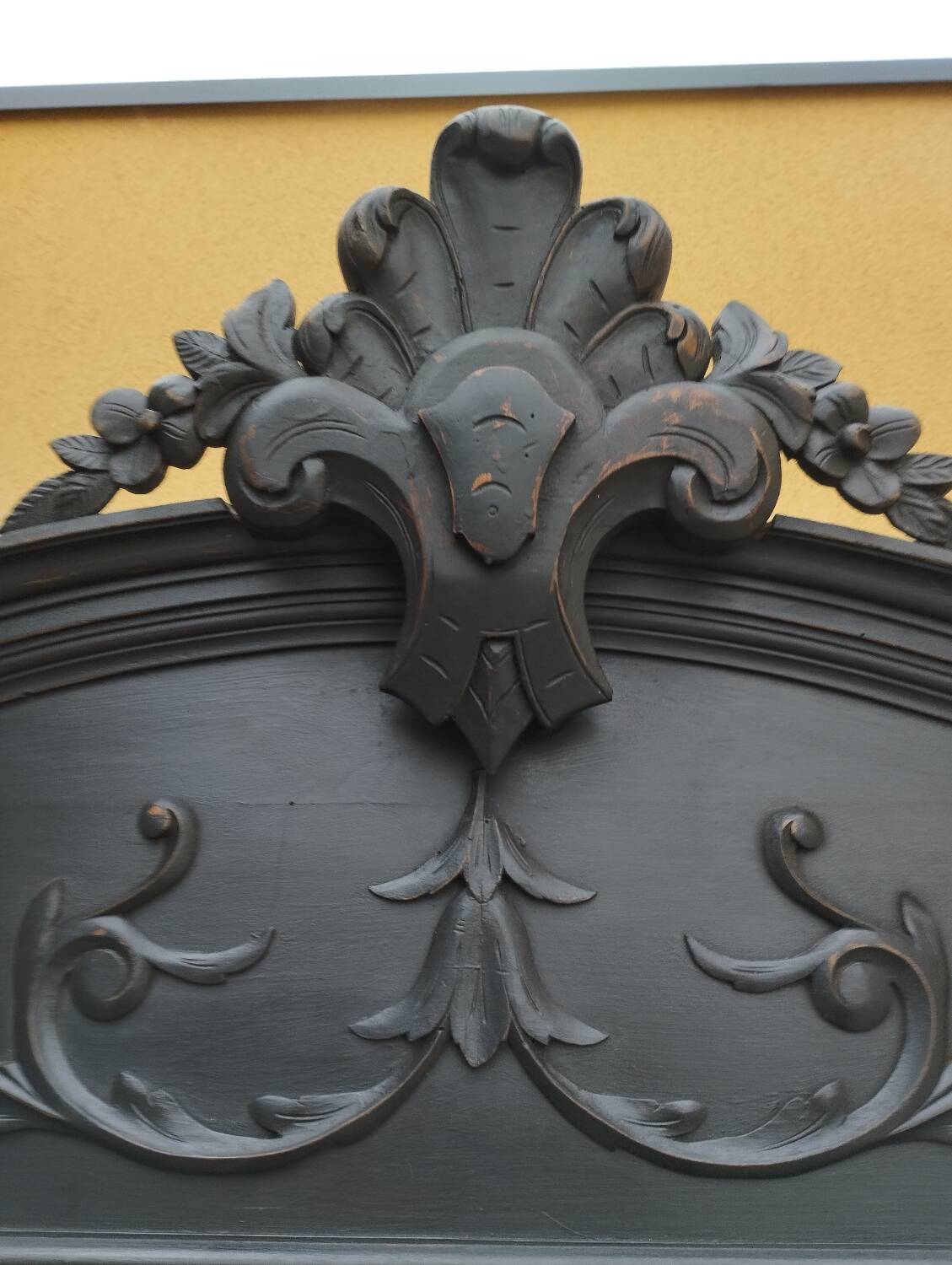Bookcase black patina shell pediment 2 drawer doors