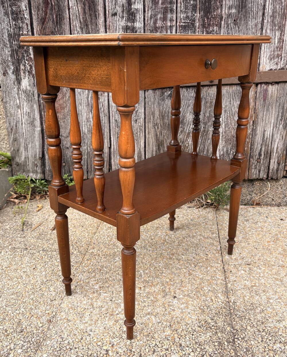 Pair of bedside tables or double-top wooden turned side tables Sty