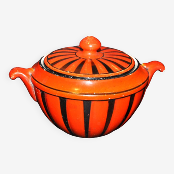 Vintage red and black sugar bowl in Sarreguemines earthenware Phoenix model 1940-1950
