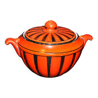 Vintage red and black sugar bowl in Sarreguemines earthenware Phoenix model 1940-1950