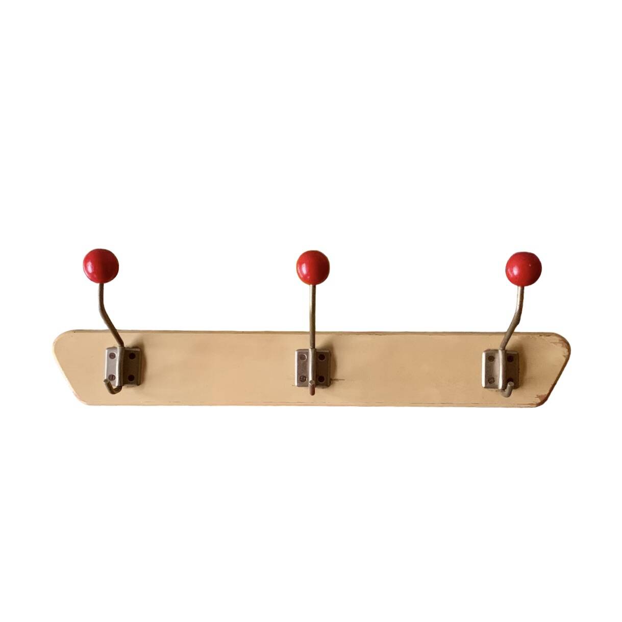 Vintage wooden wall coat rack - triple coat hook with red balls
