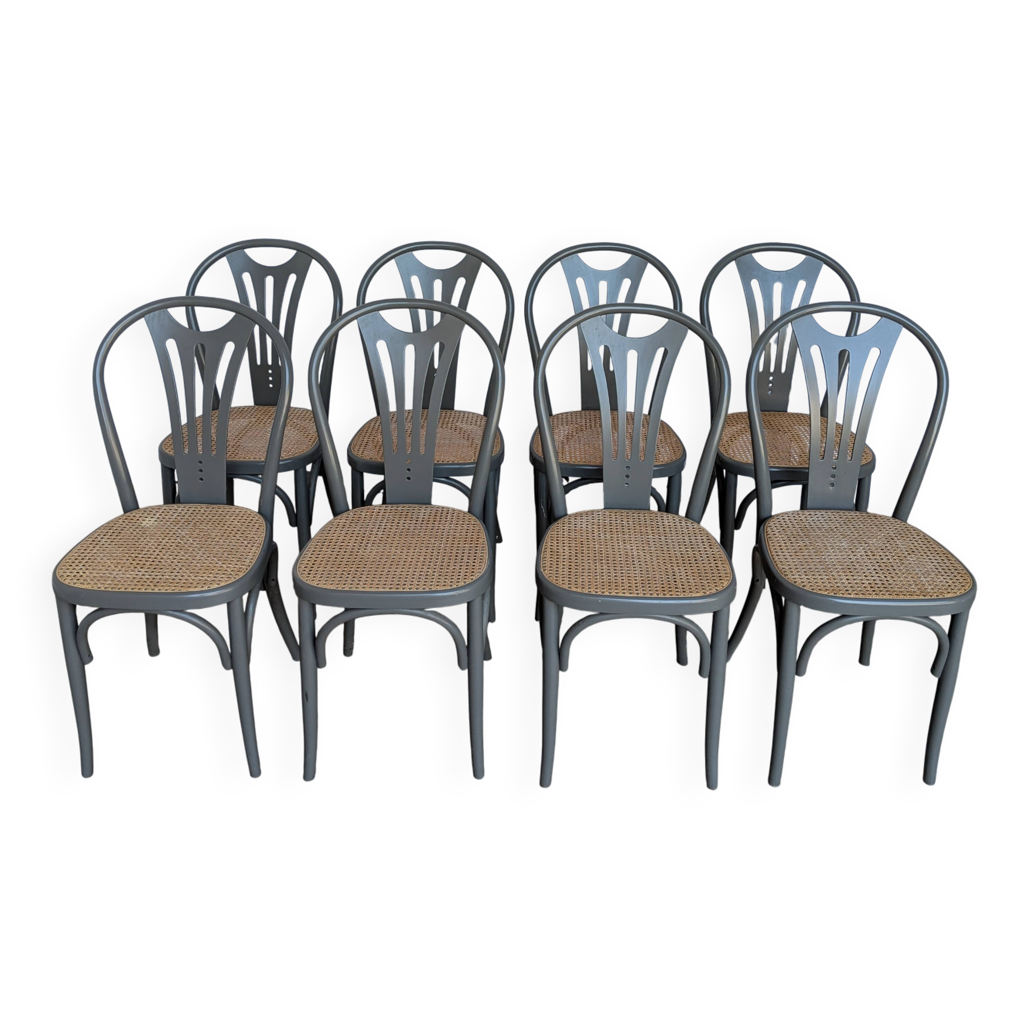 Set of 8 Vintage Gray Bentwood Dining Chair: Thonet Style Cane Seat