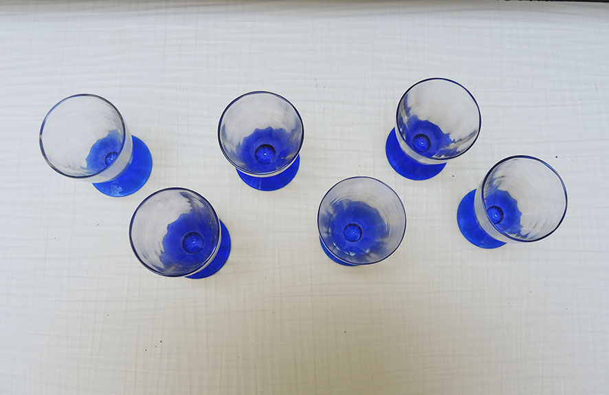 6 old conical glasses art deco transparent blue foot