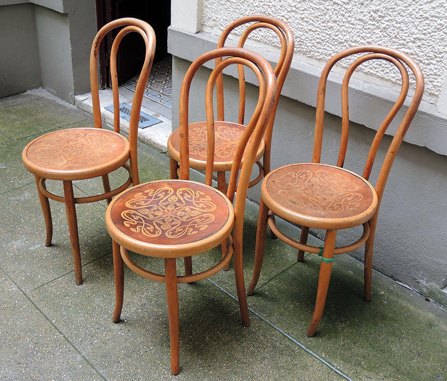 4 old fischel bentwood chairs and pyrograved pattern