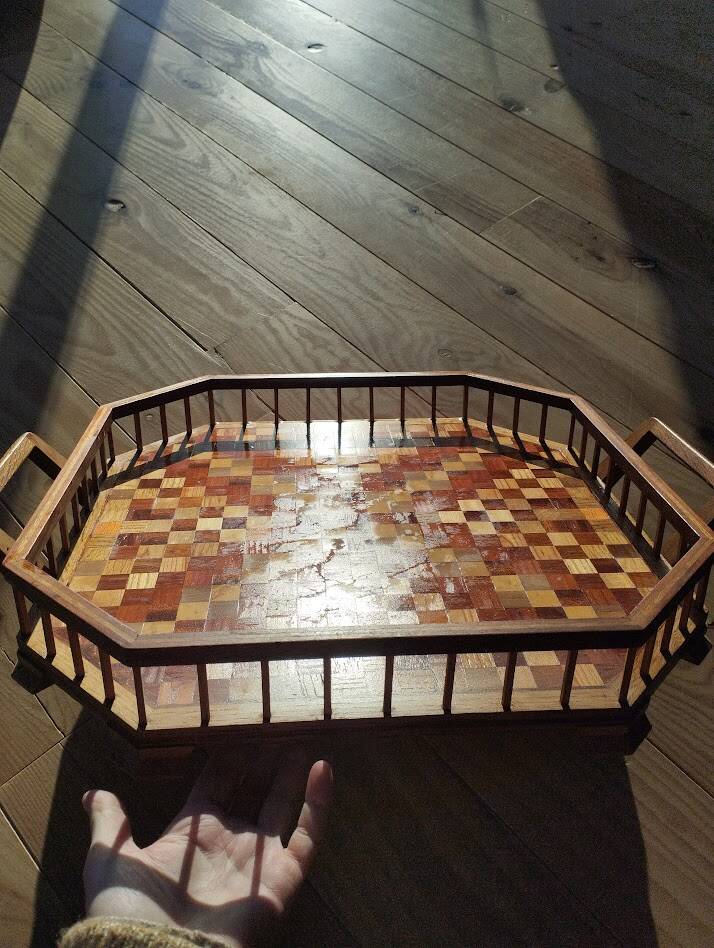 Large octagonal wooden marquetry platter