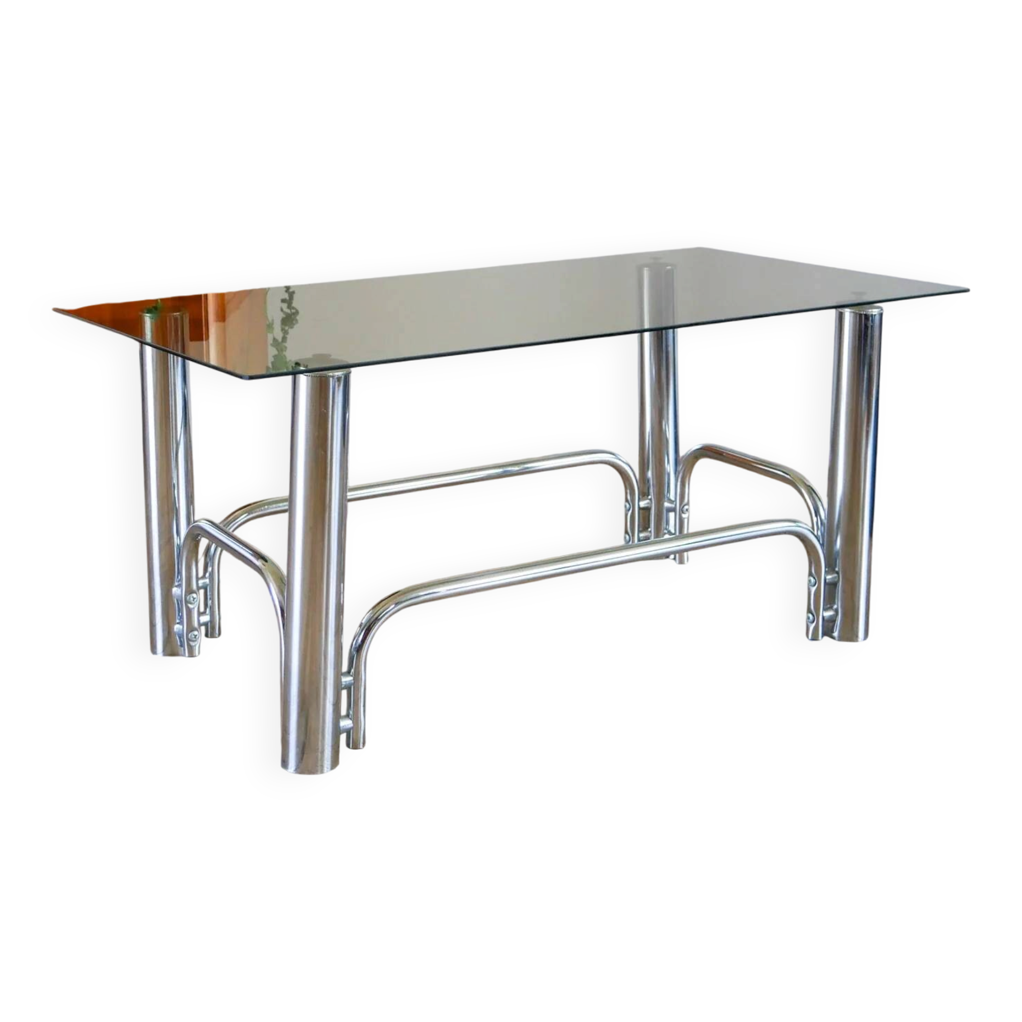 Rectangular coffee table in chrome and smoked glass, design, 1970 - 84 x 38 x 36 cm