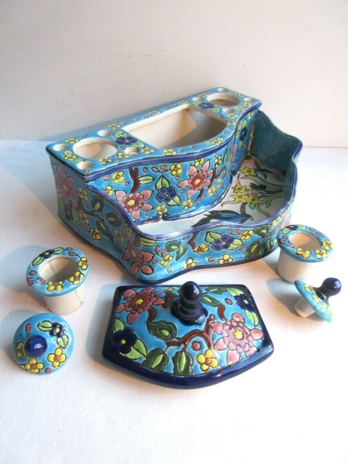 Double ink in enamels like Longwy  blue ceramic: Peonies and Bird