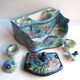 Double ink in enamels like Longwy  blue ceramic: Peonies and Bird