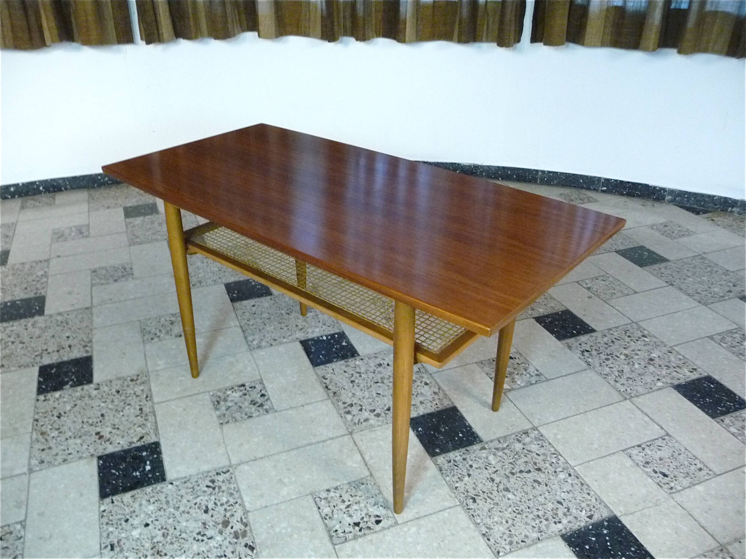 Wilhelm Knoll Side or Coffee Table with Lower Shelf in Woven Cane, Germany 1950s