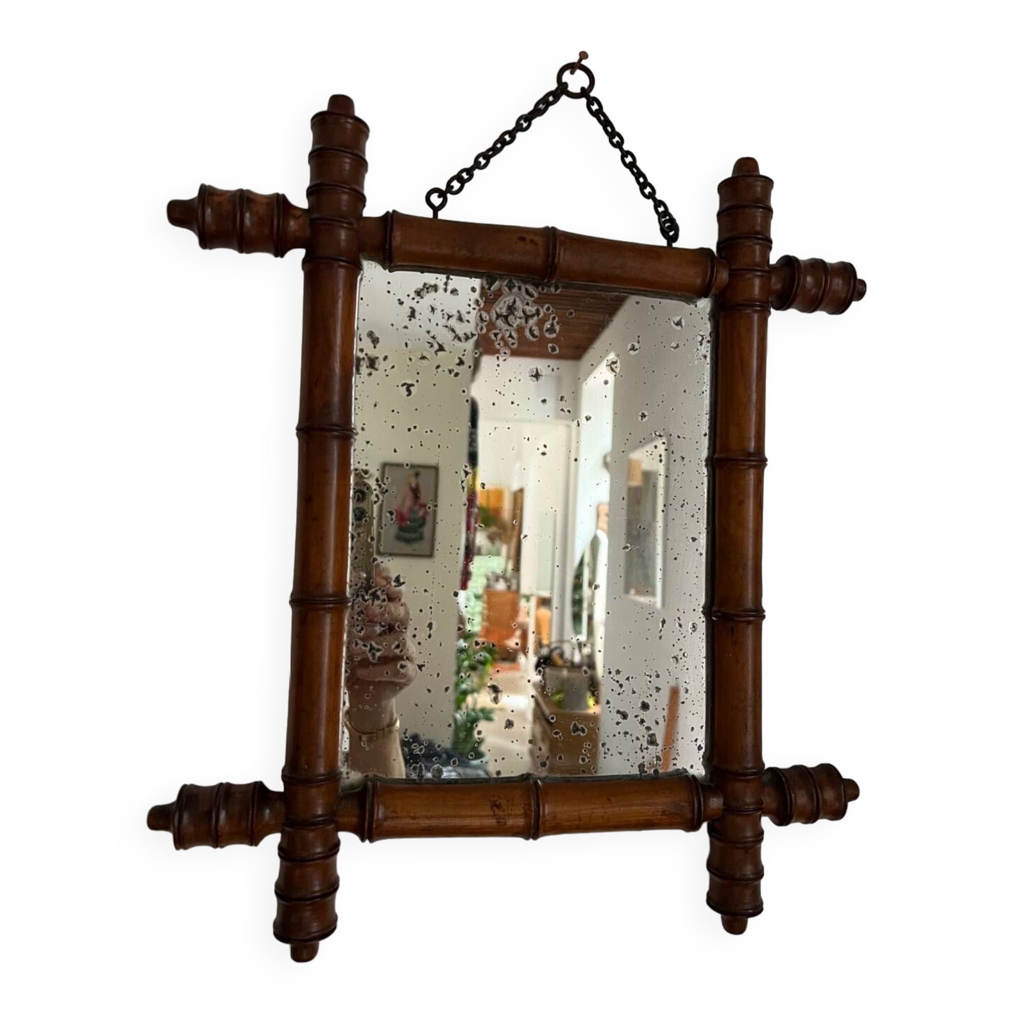 Small old turned wood mirror with bamboo effect