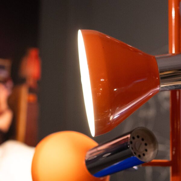 Suspension vintage 4 spots / lustre orientable, acier chromé & laqué orange, Design Space Age, 70s