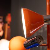 Vintage 4-spot pendant light / adjustable chandelier, chrome-plated & orange lacquered steel, Space Age design, 70s