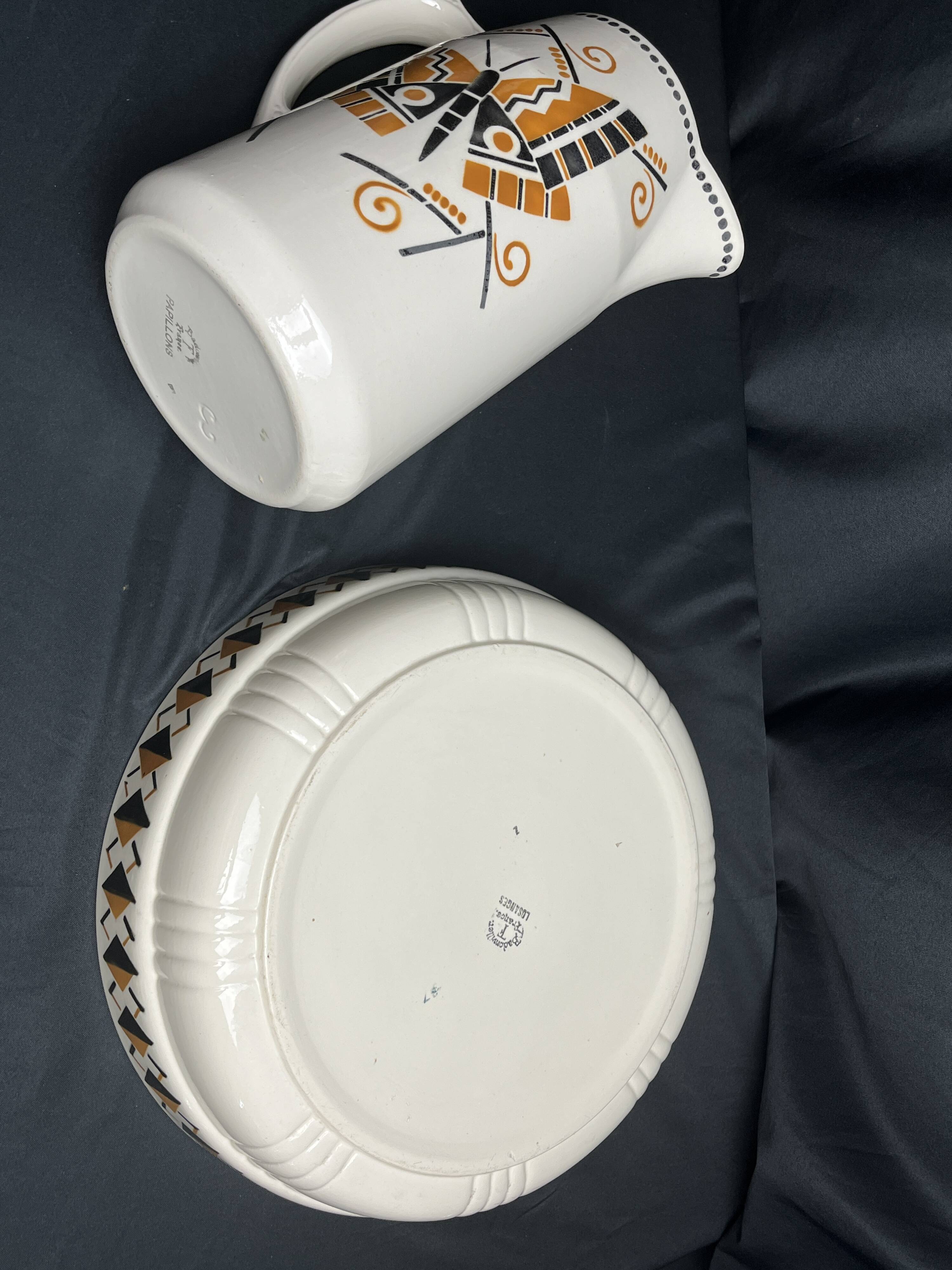 Art Deco, brocade jug and ceramic basin by Badonwiller around 1930.