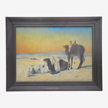 Ancienne peinture huile s bois, orientaliste bédouin dromadaire désert non signé