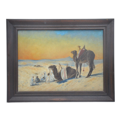 Ancienne peinture huile s bois, orientaliste bédouin dromadaire désert non signé