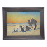 Ancienne peinture huile s bois, orientaliste bédouin dromadaire désert non signé