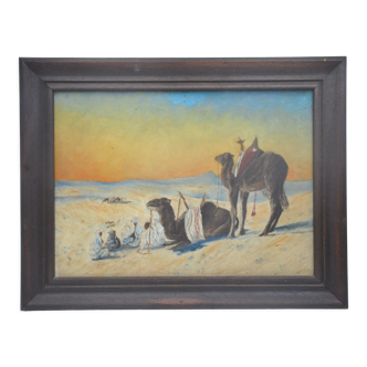 Ancient painting oil s wood, orientalist Bedouin camel desert unsigned