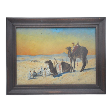 Ancient painting oil s wood, orientalist Bedouin camel desert unsigned