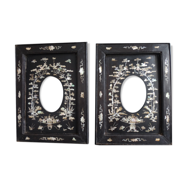 Paire de cadres en bois chinois marqueterie de nacre Vietnam XIX Ravissante paire de cadres en bois 