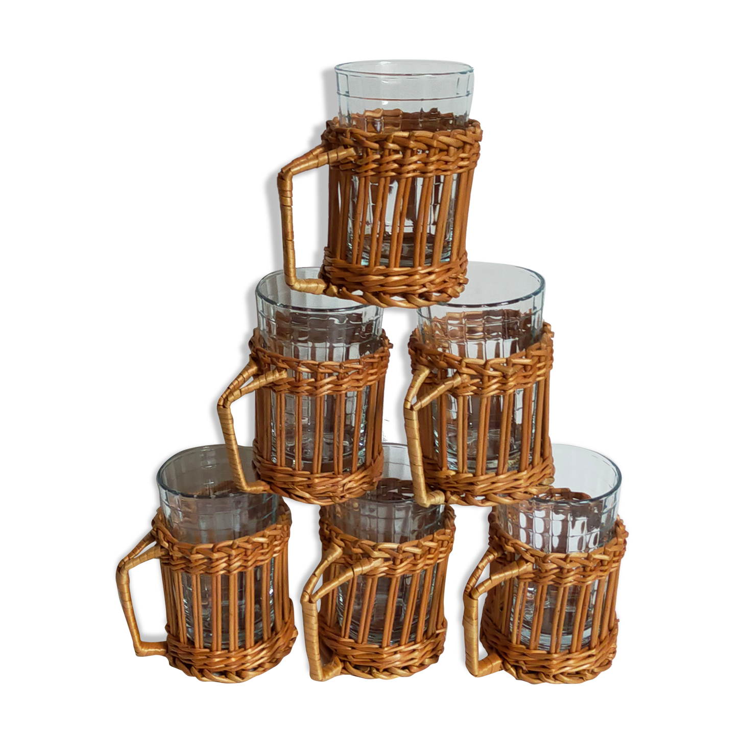 Six vintage 50s glasses in braided rattan cases