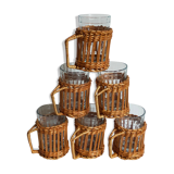 Six vintage 50s glasses in braided rattan cases
