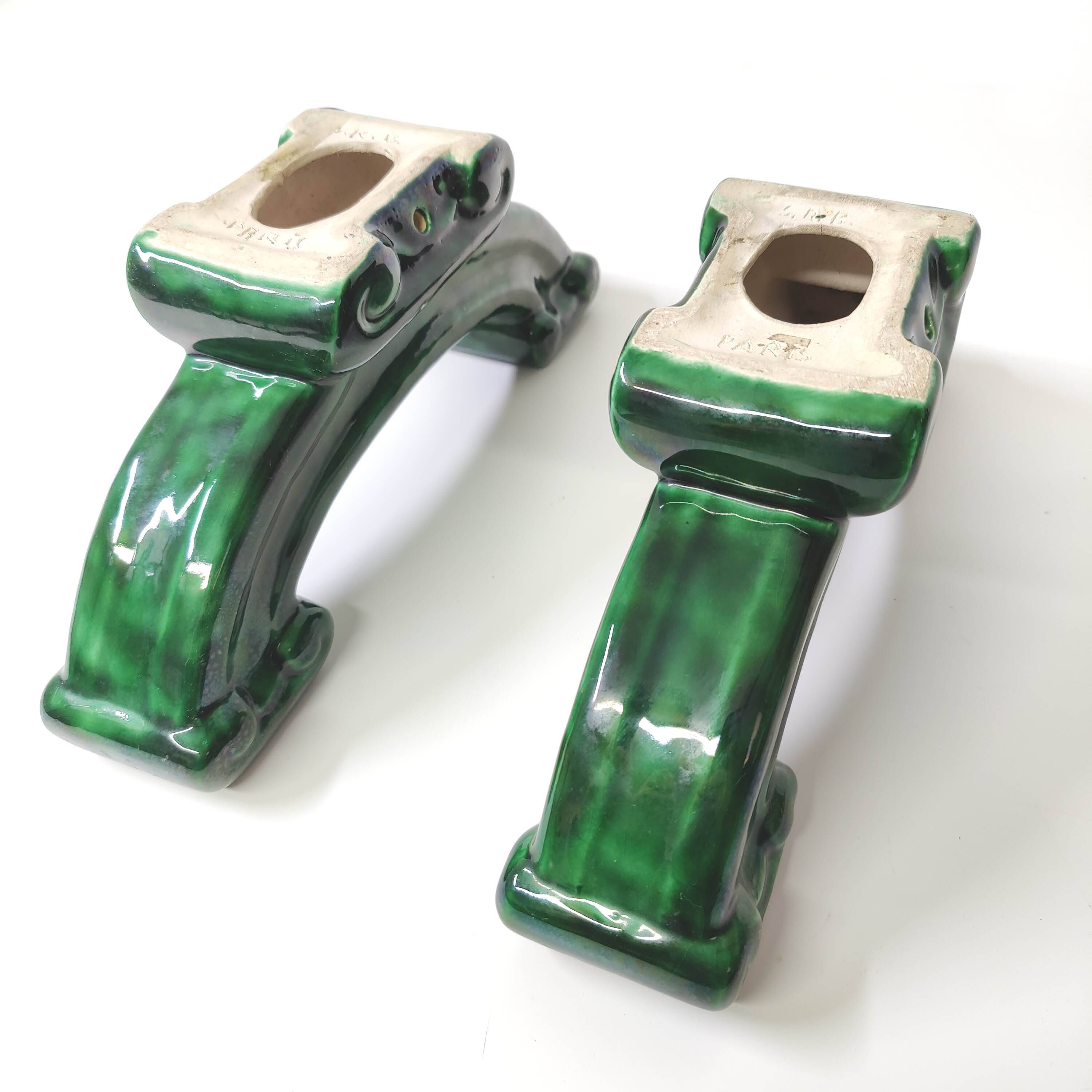 Pair of Art Deco green ceramic candlesticks by Santiago Rodriguez Bonome Paris