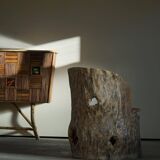 Sculptural Norwegian trunk chair in mid-century brutalist solid wood.