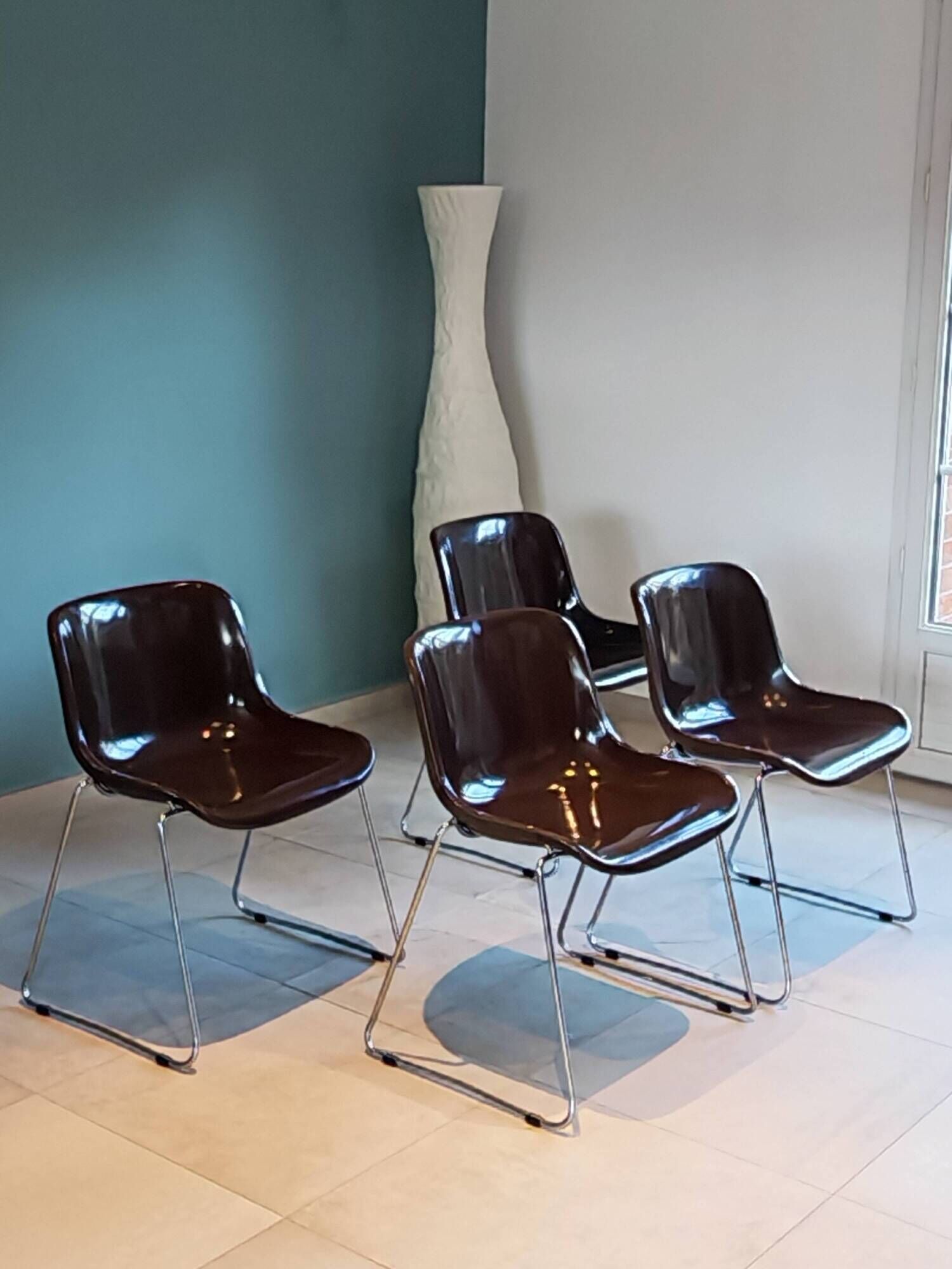 4 Vintage Space Age Chocolate Brown & Chrome Chairs 1970