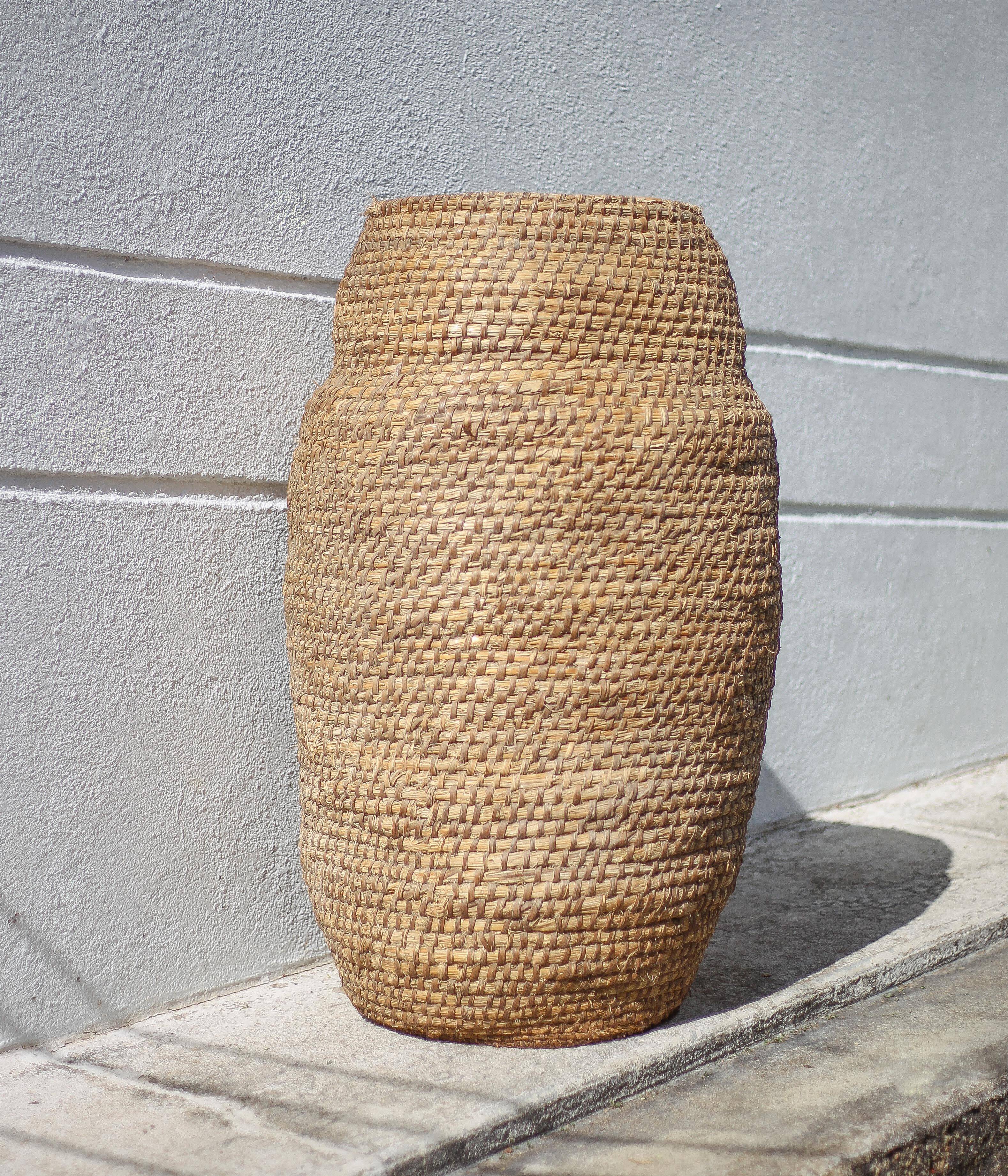 Large old basket, burgundy straw and bramble, woven basket