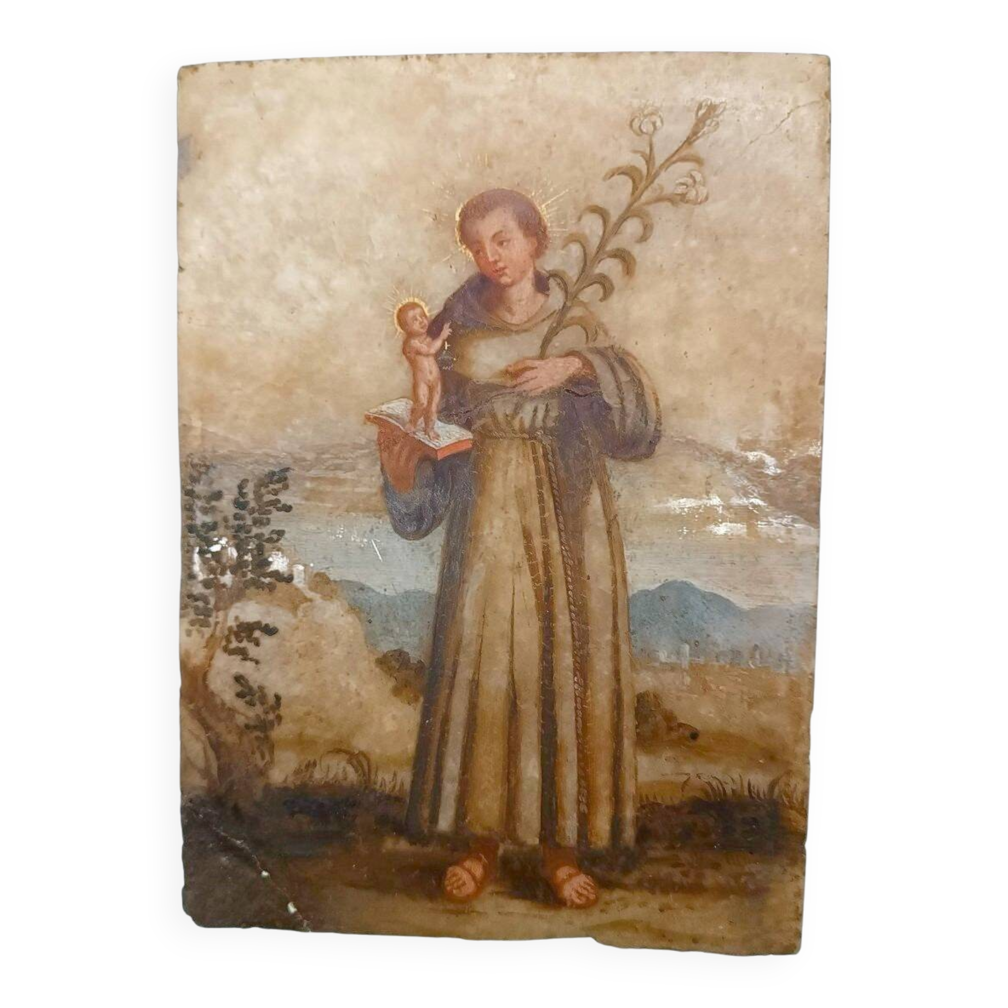 Antique painting on alabaster, Italy, 18th century, Saint Anthony of Padua