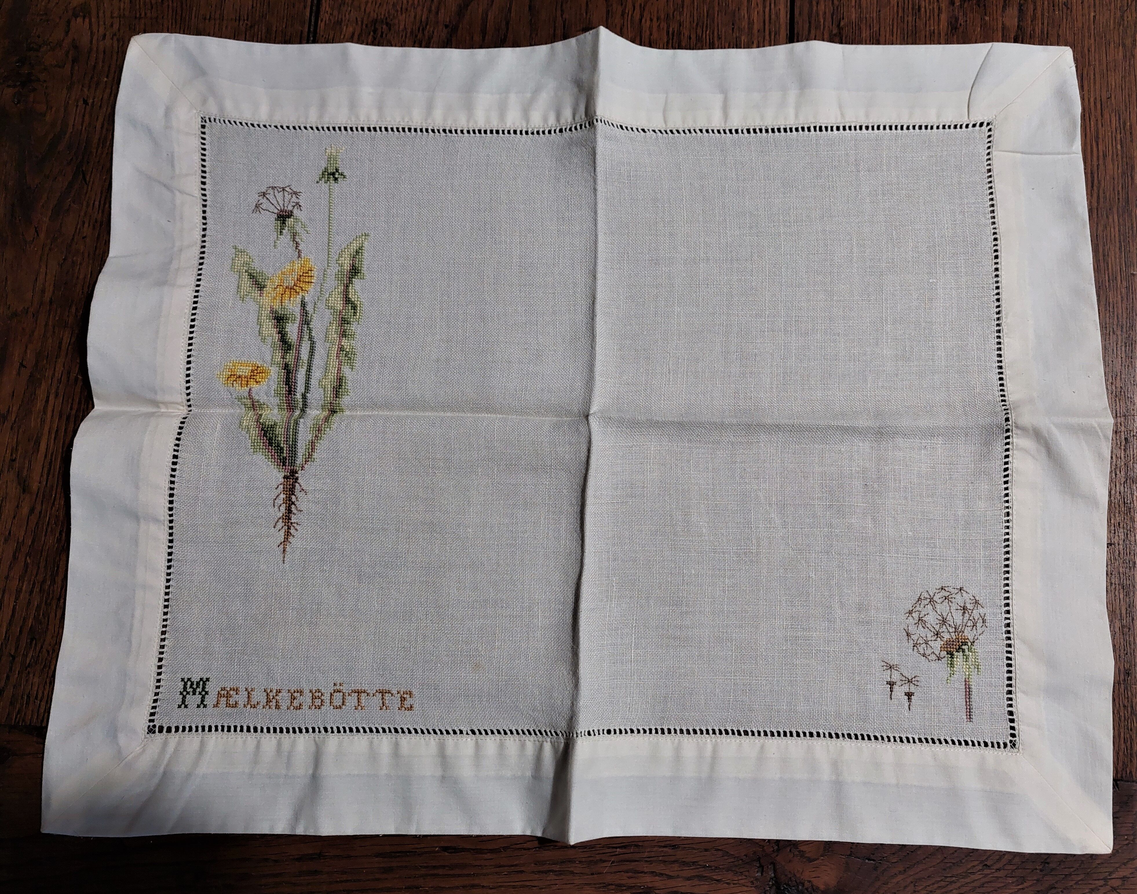 Embroidered placemats in vintage linen field flowers series of seven