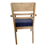 Art Deco armchair in solid wood and blue corduroy fabric