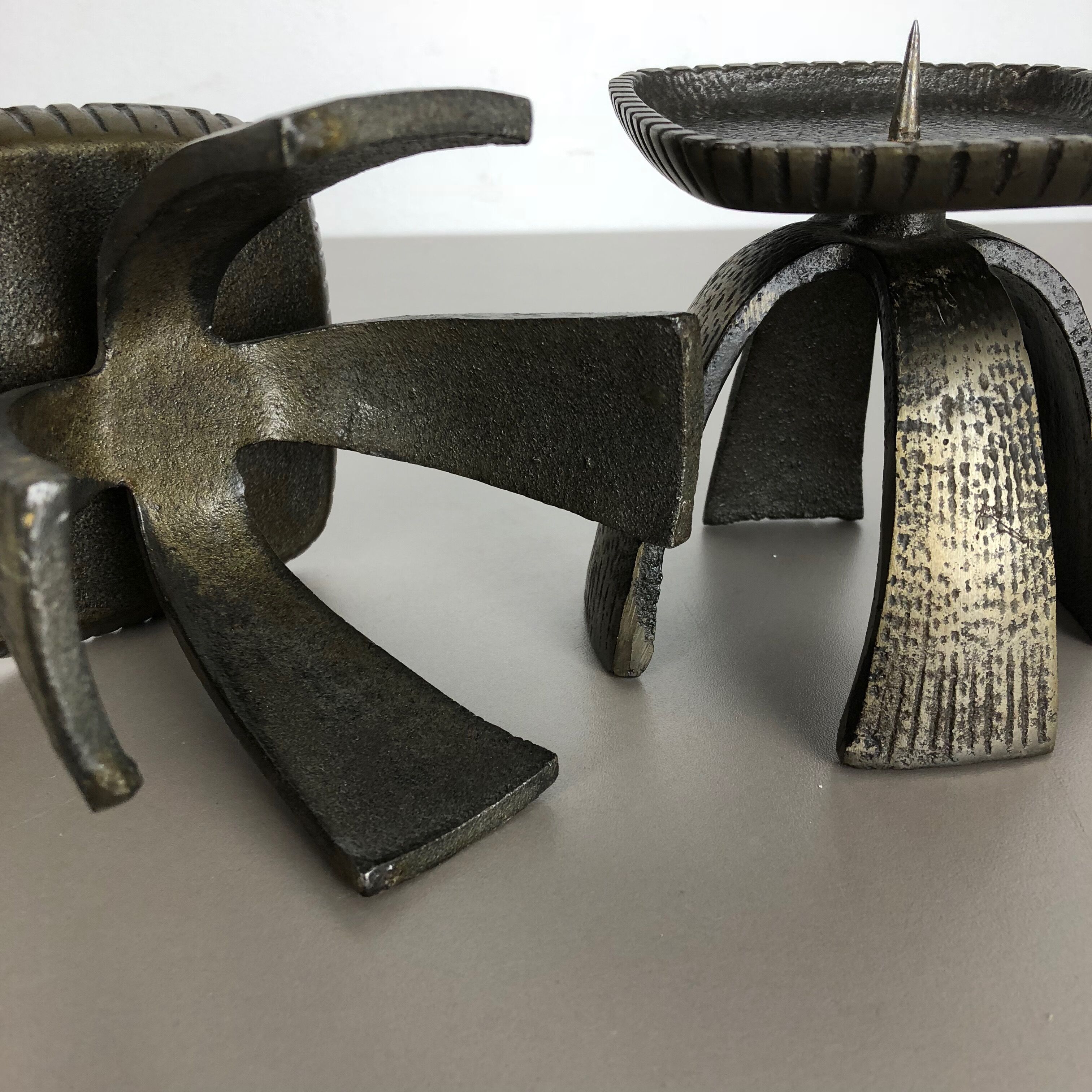 Set of 2 Modernist Vintage 1970s Sculptural Brutalist Metal Candleholder, France