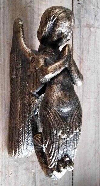 Small bronze-colored cast iron mermaid or cherub door knocker - 20th century