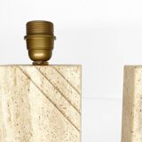 Pair of solid travertine table lamps with incised decoration, French production.