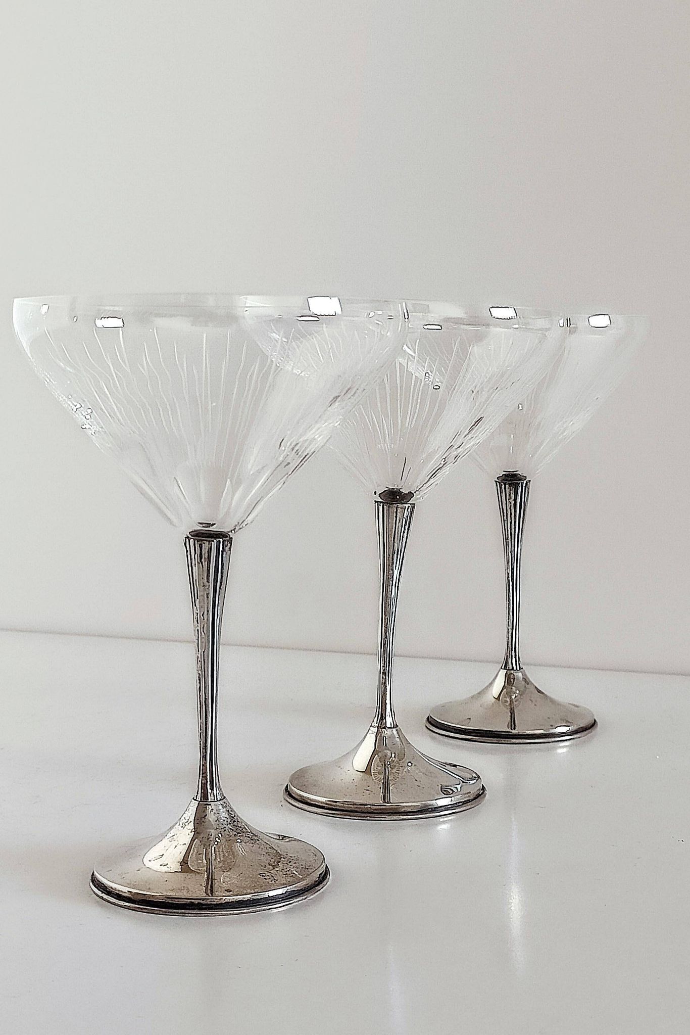Art Deco Champagne Glasses Set of 3, Sterling Silver & Cut Glass