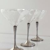 Art Deco Champagne Glasses Set of 3, Sterling Silver & Cut Glass